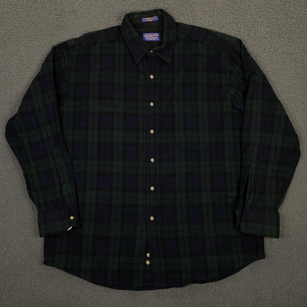 Pendleton Shirt Mens Large Green Blue Tartan Blackwatch Plaid Flannel Lumberjack